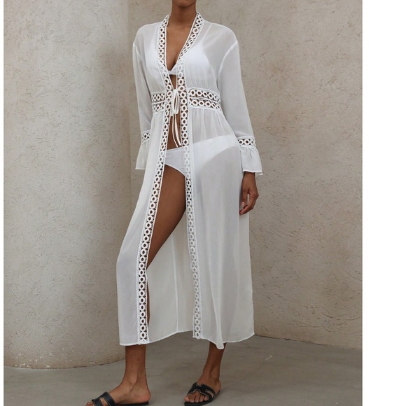 Boho Whie Semi Sheer Front tie Flared Sleeve Kimono Duster Cover up - Picture 5 of 6